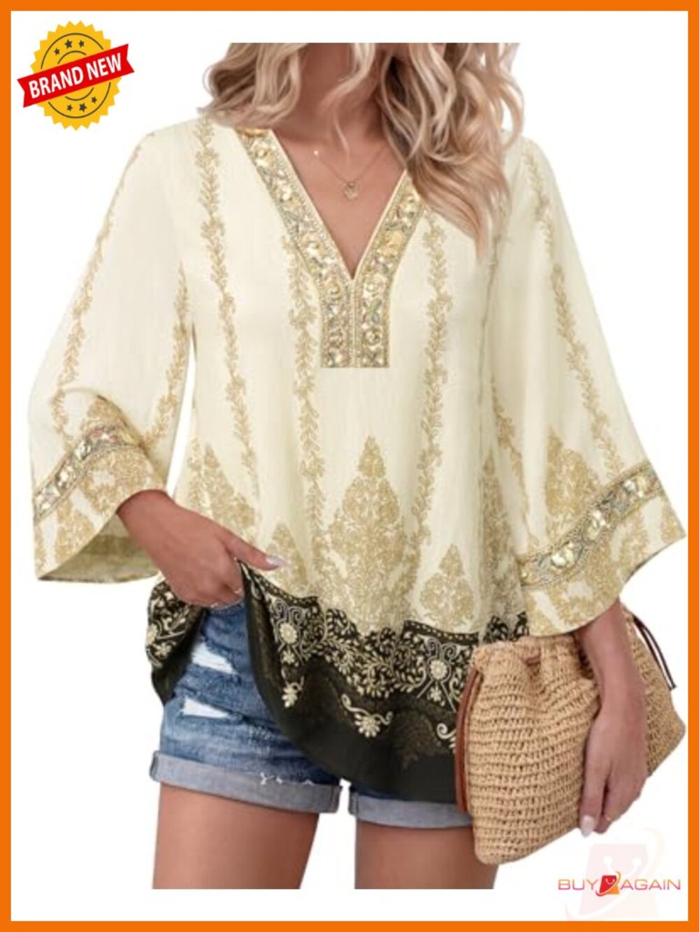 Boho Embroidered V Neck 3/4 Bell Sleeve Tunic Blouse